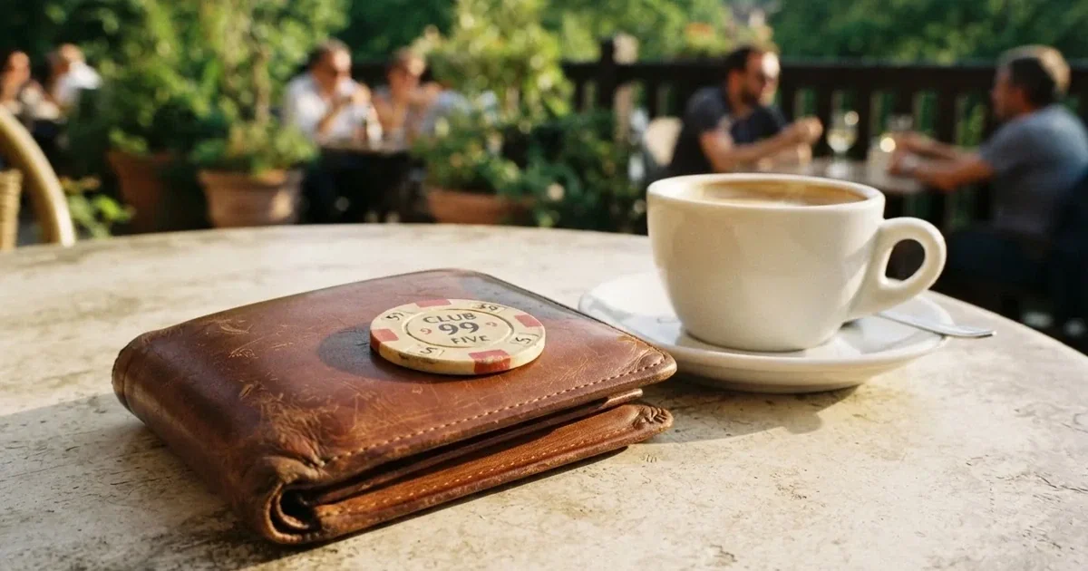 Un portofel de piele închis lângă o cană de cafea, pe masa unei terase la prânz — 20 lei depunere la cazinou în romania