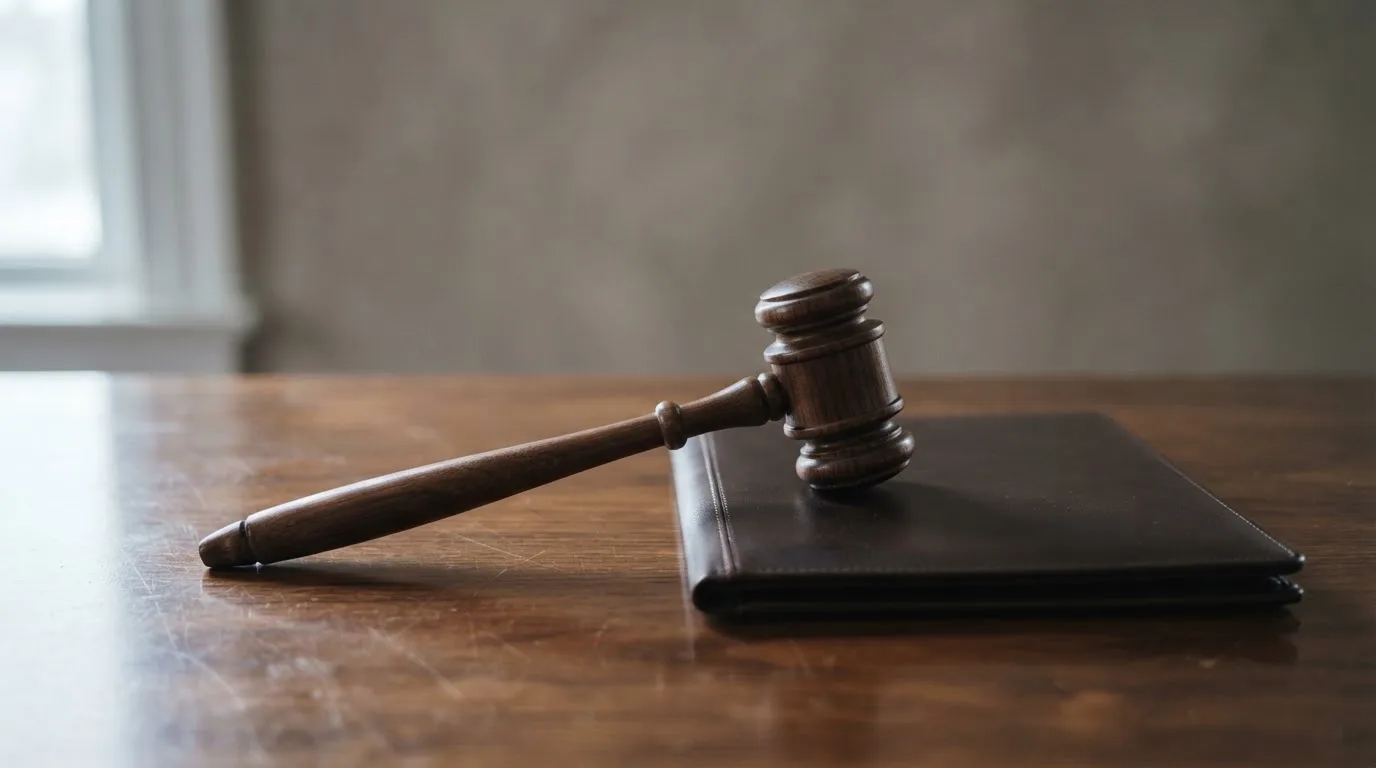 Un ciocan de judecător lângă un dosar de piele închis, pe o masă de nuc lustruit — 200 rotiri gratuite în romania