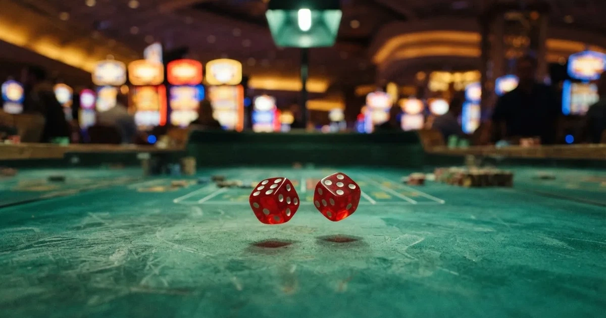 Zaruri roșii pe marginea unei mese de craps, sub o lumină verzuie — aparate de cazinou din românia
