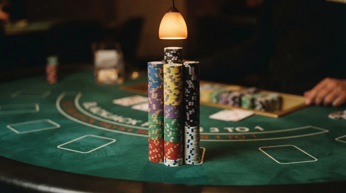 Fișe de cazino colorate stivuite pe un postav verde, sub lumina caldă a unei lămpi suspendate — blackjack cu live dealeri în românia