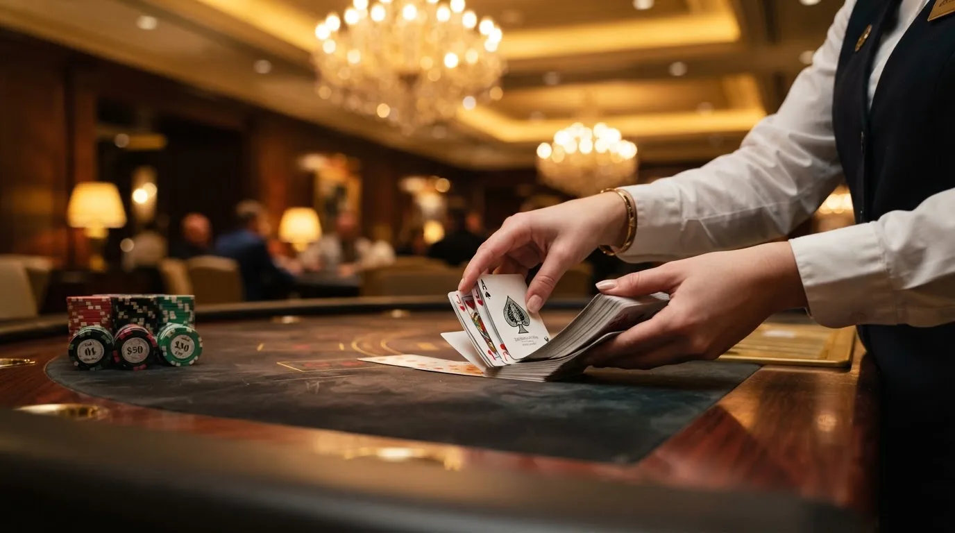 Mâinile unui crupier amestecă cărțile sub candelabrele unui cazinou elegant — blackjack reguli pentru români