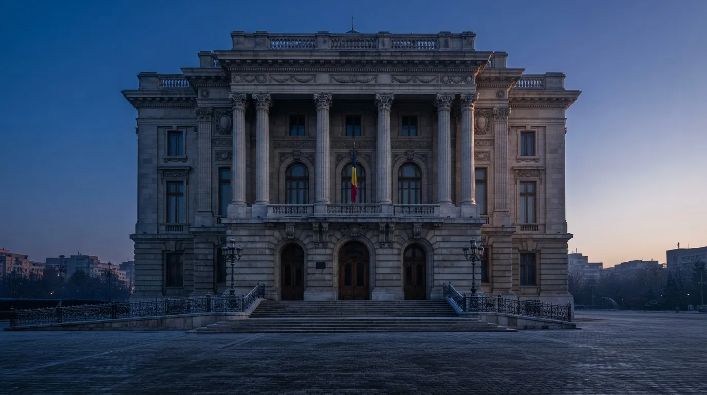 Fațada de piatră a unei clădiri guvernamentale din București, în lumina rece a zorilor — blackjack reguli pentru români