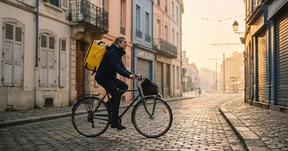 Un curier pe bicicletă cu rucsac galben pe o stradă pavată, în lumina dimineții — bune cazinouri în românia