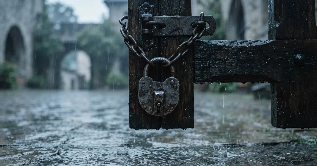 Un lacăt masiv de oțel prins de un lanț gros, pe o poartă de lemn, în ploaie — cardano cazinou în romania