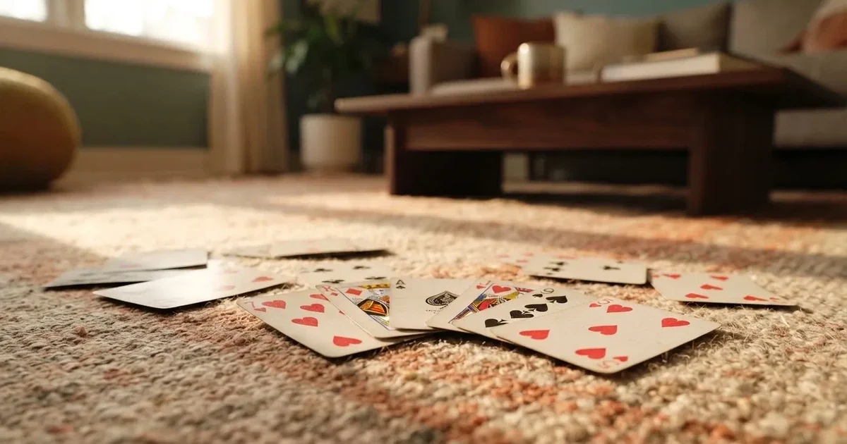 Un pachet de cărți de joc răspândit pe covorul unei camere de zi, într-o după-amiază liniștită — casino gratis în românia