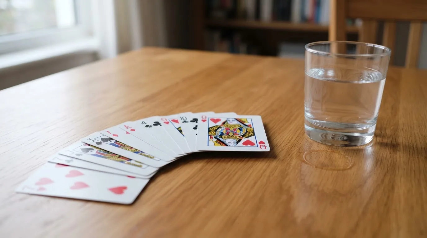 Un pachet de cărți de joc desfăcut evantai pe o masă de stejar, lângă un pahar cu apă — casino gratis în românia