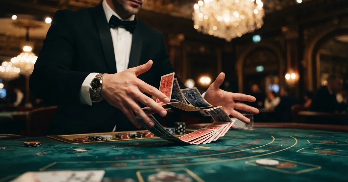 Mâinile unui crupier amestecă cărțile sub candelabrele unui cazinou elegant — casinouri online în romania