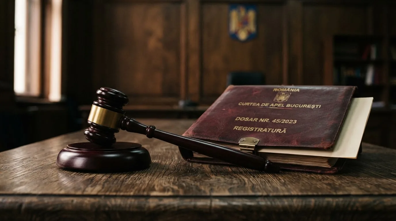 Un ciocan de judecător lângă un dosar de piele închis, pe o masă de nuc lustruit — cazino cu bani reali în românia