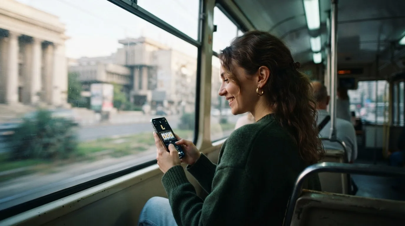 Tânără în tramvai ține telefonul cu ambele mâini și zâmbește, în timp ce afară se văd clădiri neclare în mișcare.