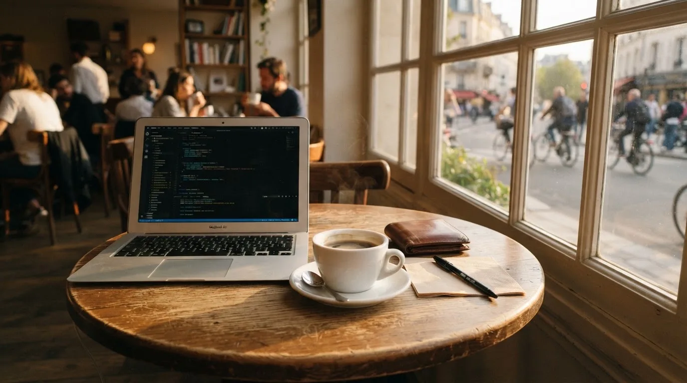 Laptop deschis pe o masă de cafenea, lângă un portofel de piele și o cană, cu lumina după-amiezii pe suprafața mesei.