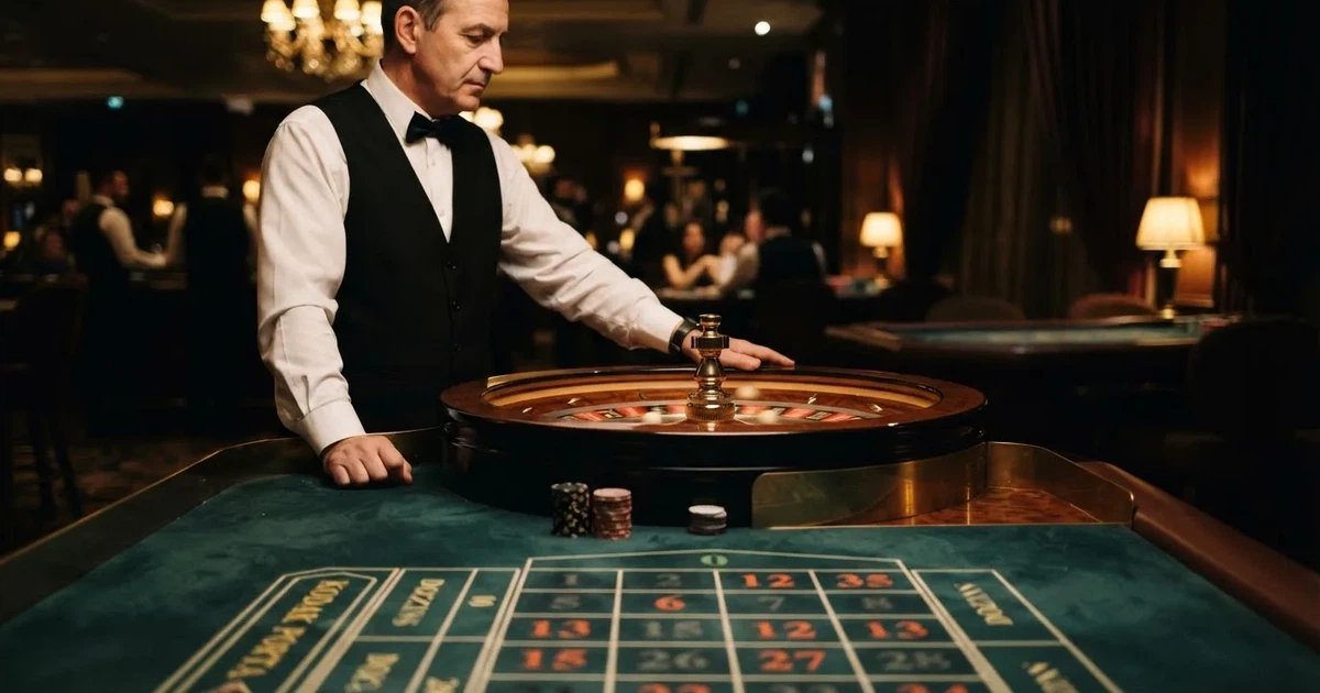 Un crupier în vestă neagră împarte cărți la o masă de blackjack, sub spoturi calde — jocuri de ruletă în română