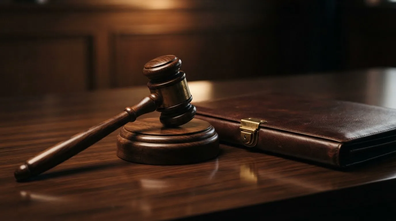 Un ciocan de judecător lângă un dosar de piele închis, pe o masă de nuc lustruit — live blackjack în românia