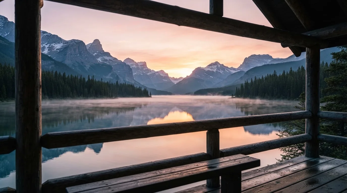 Priveliște panoramică spre un lac înconjurat de munți în ceață, la răsărit, fotografiată dintr-un foișor.